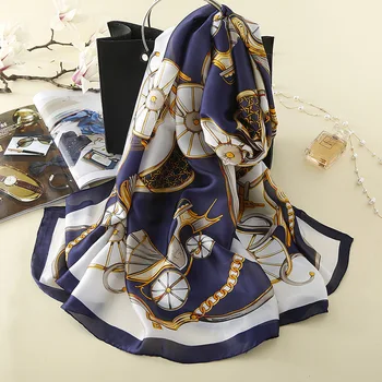 

New Arrival Navy Blue Horse Carriage Chain Silk Shawl Scarf 2020 Ladies Fashion Brand Summer Beach Wrap And Shawl Hijab 180*90Cm