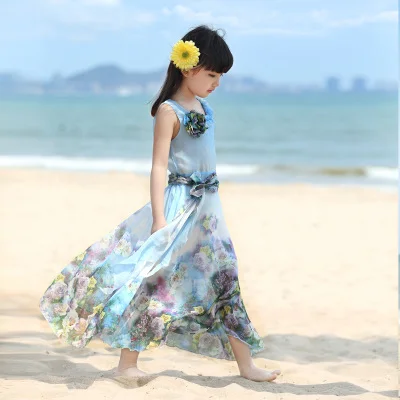 Брендовая детская одежда платье для девочек новинка года; подростковое детское летнее платье с цветочным рисунком богемное Модное шифоновое пляжное платье