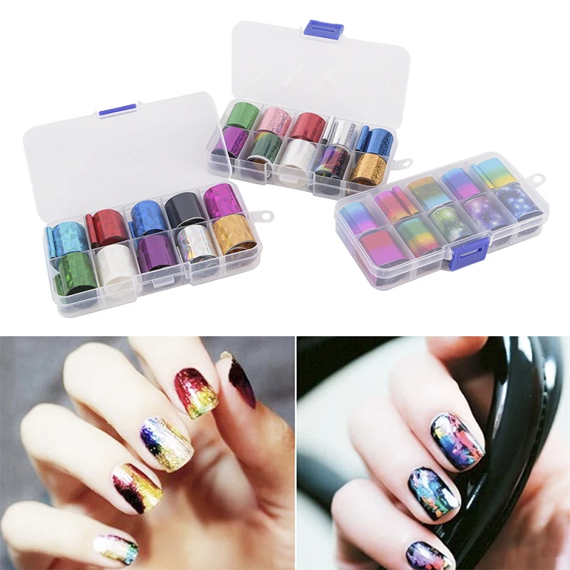 New 1 Box/10pcs Transparent Starry Sky Nail Art Transfer Sticker Holographic Nail Foil Set Manicure Nail Art Decals