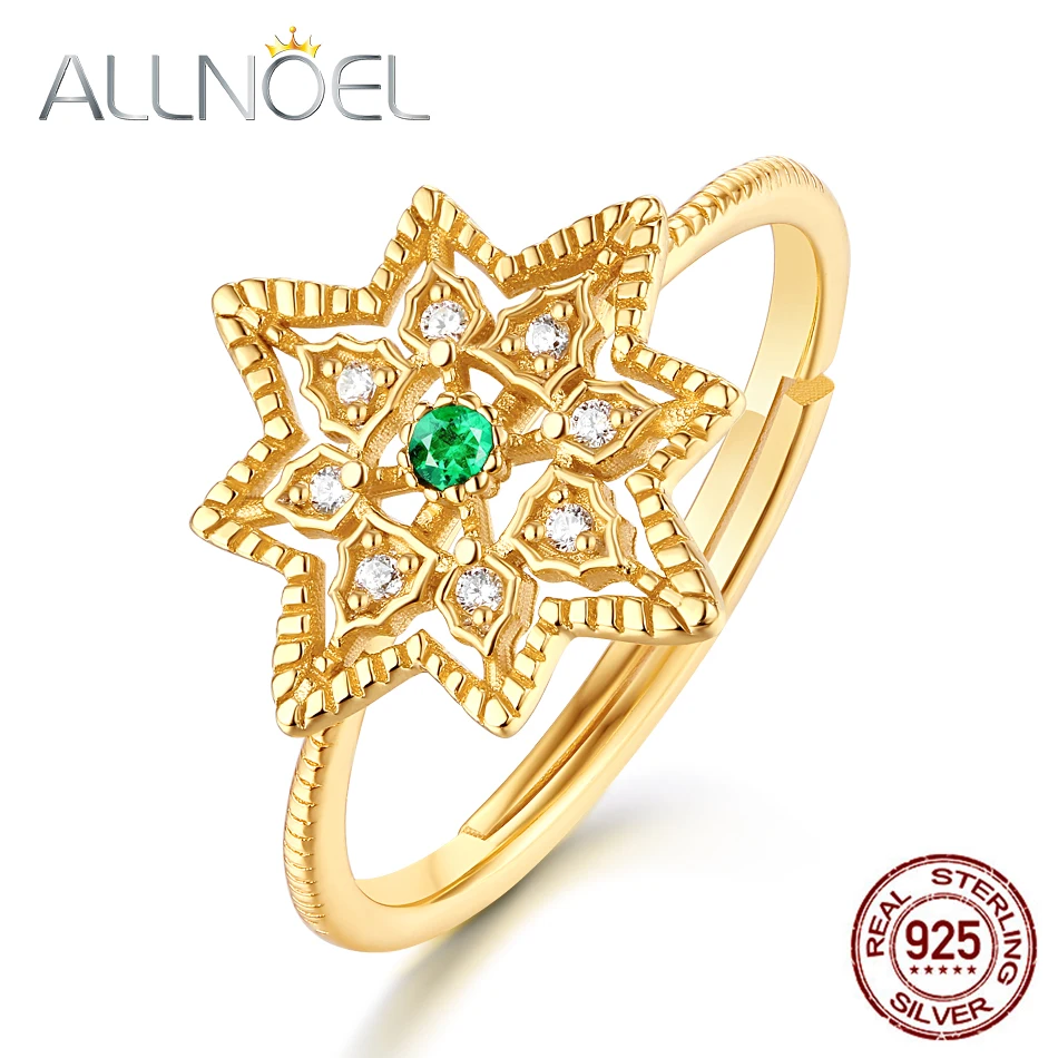 ALLNOEL 925 Sterling Silver Real Gold Plated Natural Emerald Rings For