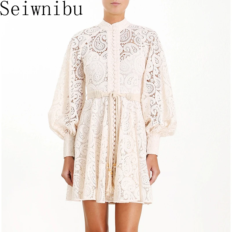 

Brand Designer Solid Floral Embroidery Dress 2019 Autumn Women Hollow Out Lantern Sleeve Stand Collar Tassel Lace Up Mini Dress
