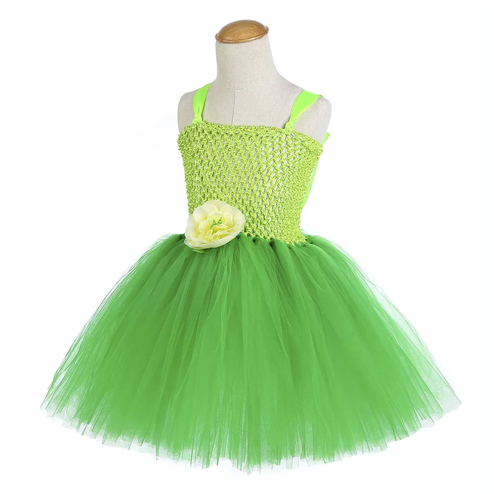 Green Santa Flower Fairy Princess Party Dresses for Little Girls Tinkerbell Tutu Dress with Fairy Magic Wand Wing Headwear 1-12Y (3)