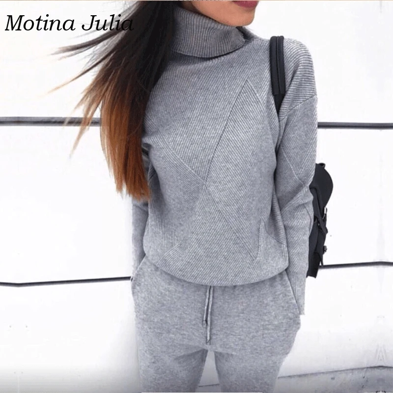 Motina Julia повседневное теплый вязаный для женщин наборы для ухода за кожей Новинка весны зима водолазка джемпер + брюки