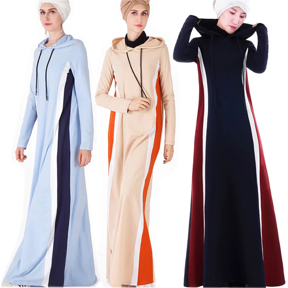 

2019 Casual Muslim Abaya Hooded Skirt Spring Summer Long Sleeve Khaki Patchwork Turkey Dress Womens Dubai Robe Islam Clothing