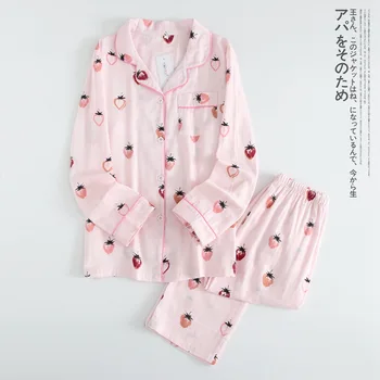 

Strawberry Print 100% Cotton Double Gauze Women Pajamas Long Sleeve Long Pants Pink Pijama Summer Plus Size Home Pijama Mujer