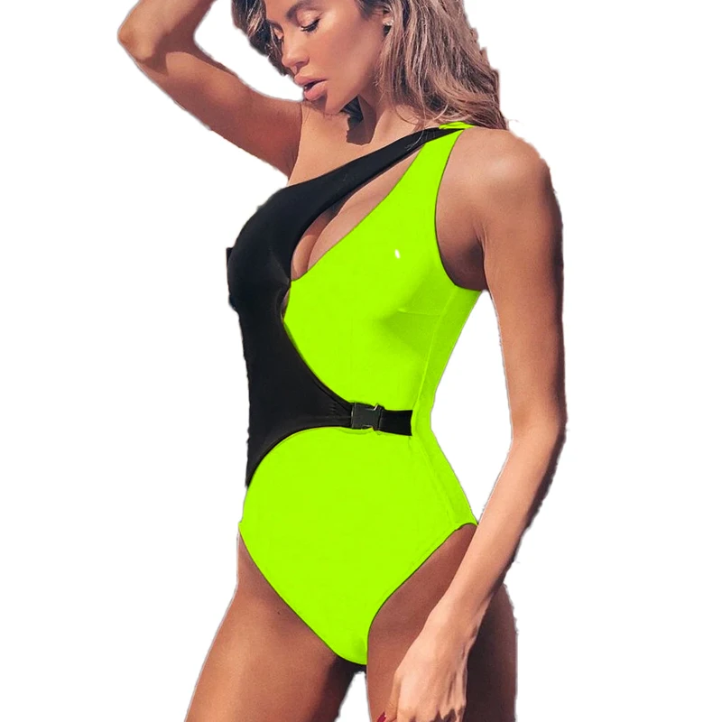 Neon Green Swimsuit 2019 Off Shoulder Swimwear Cut Out One Piece