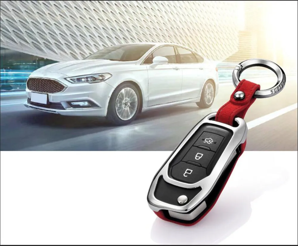 

For Ford Explorer F150 Mustang EDGE 2018 Kuga Focus 3 Ecosport Car Key Case Cover Genuine Leather Galvanized Alloy