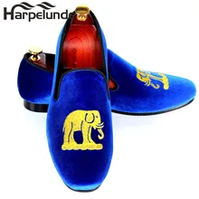 Harpelunde/синие бархатные мужские лоферы ручной работы с вышивкой; курительные тапочки; обувь для отдыха; размеры 9-12