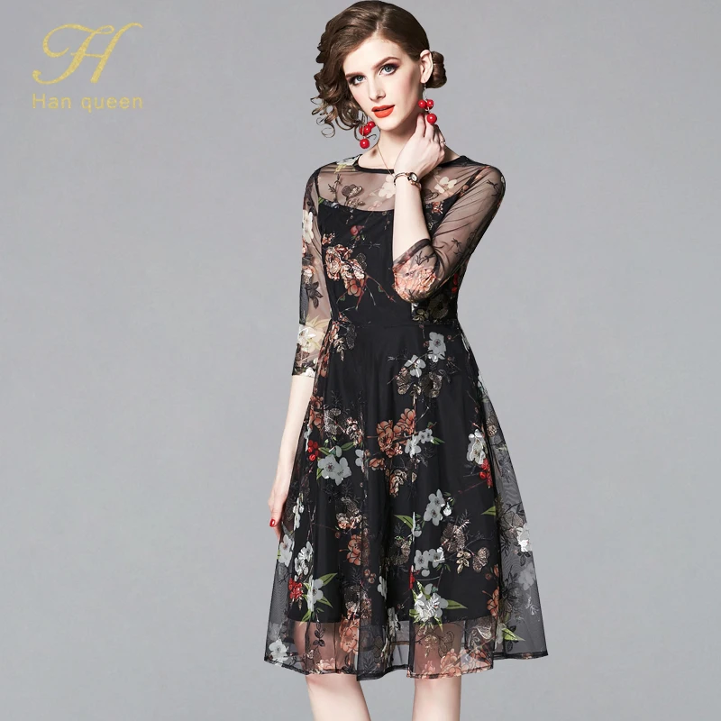 BLACK H Han queen/белое/черное летнее платье для женщин с круглым вырезом для работы на каждый день, для работы, для вечеринки, сексуальные платья трапециевидной формы, винтажные платья с цветочной вышивкой - Цвет: BLACK