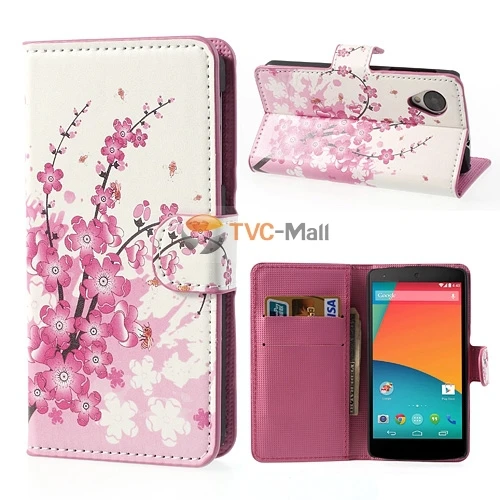 Image Pink Plum Magnetic Leather Wallet Handbag Book Cover Case For Flip LG Google Nexus 5 E980 D820 Mobile phone bagS shell NEXUS 5