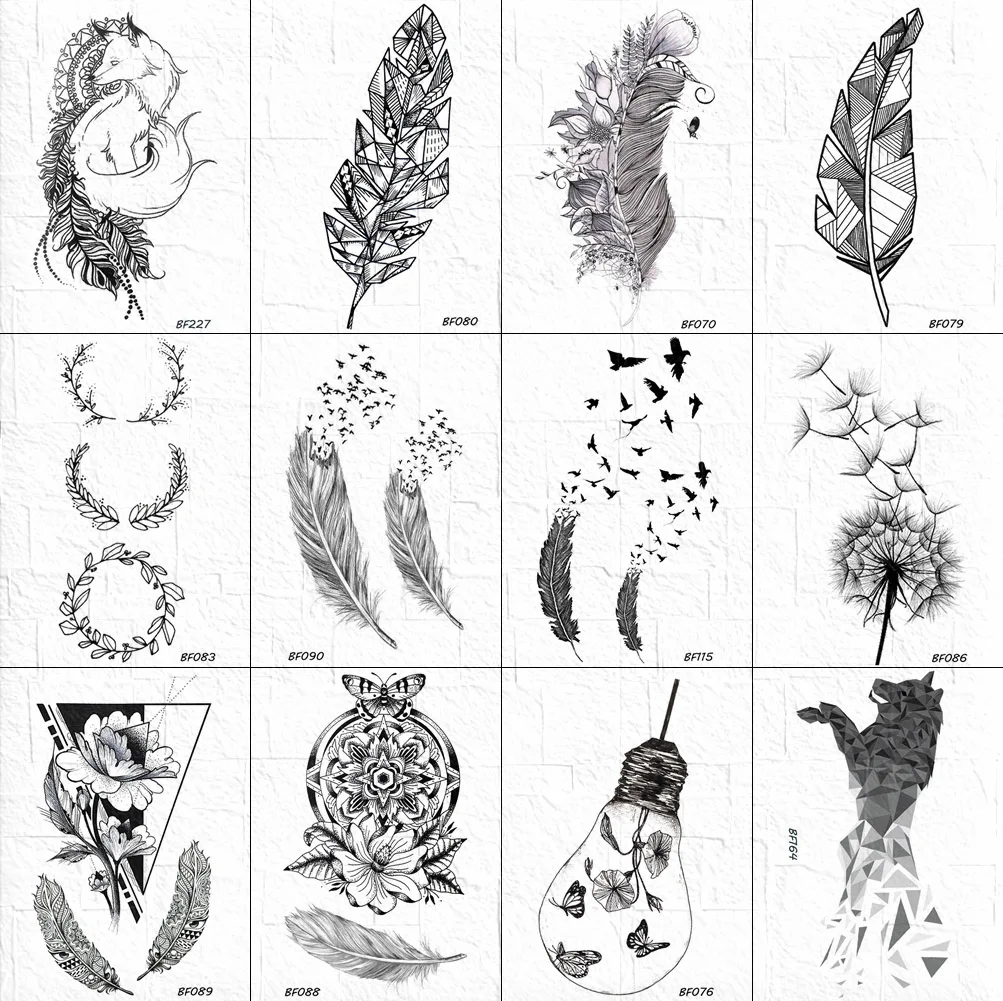 Водостойкие эскизные тату перо, временные женские боди-арта, тату-Стикеры для девушек, геометрические хны, птицы, татуировки, поддельные наклейки в виде листьев