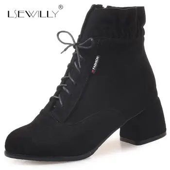 

Lsewilly Fashion Lace Up Round Toe Women Ankle Boots Square Heel Autumn Winter Ladies Zipper Ankle Boots Size 34-43 S670