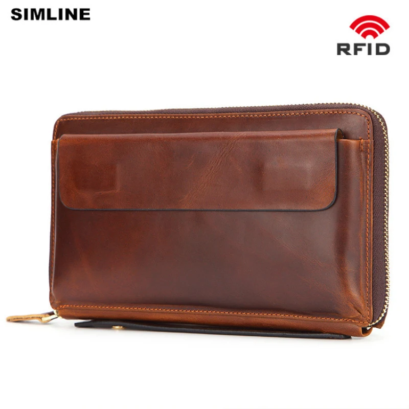 

SIMLINE Genuine Leather Men Wallet Clutch Bag Rfid Blocking Male Long Zipper Travel Wallets Card Holder Clutches Large Capacity