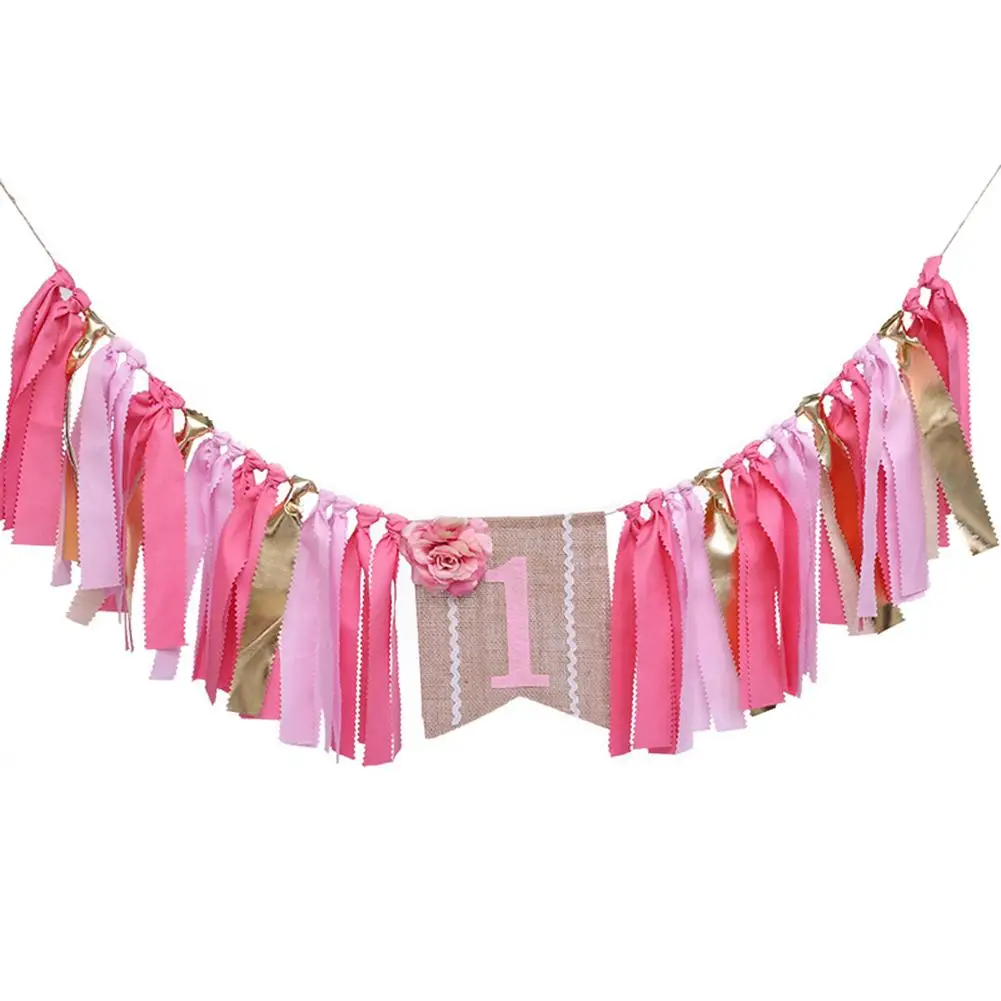

Bohemian Style Girl First Birthday Party Banner Highchair Banner With Number Baby Shower Party Decoration Garland Pink Flower