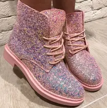 Crystal Bling Bling Sequins ankle booties women flat shoe lace up pink black white brown china