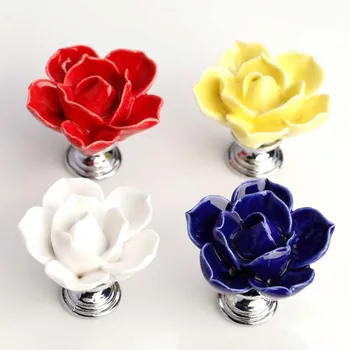 

Colored Ceramic Lotus Knobs for Kids/ Children wardrobe Cupboard door Knobs dresser pulls, ceramic Flower Kitchen cabinet handle
