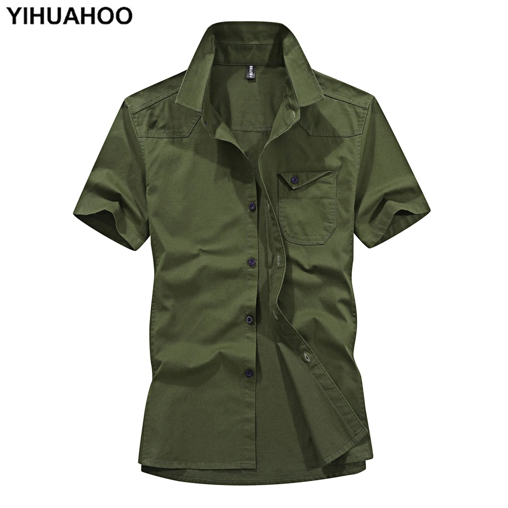 YIHUAHOO 5XL 6XL Casual Dress Shirt Men Summer Short Sleeve With Chest Pockets Military Army Pilot Cotton Shirt For Men CF-A08