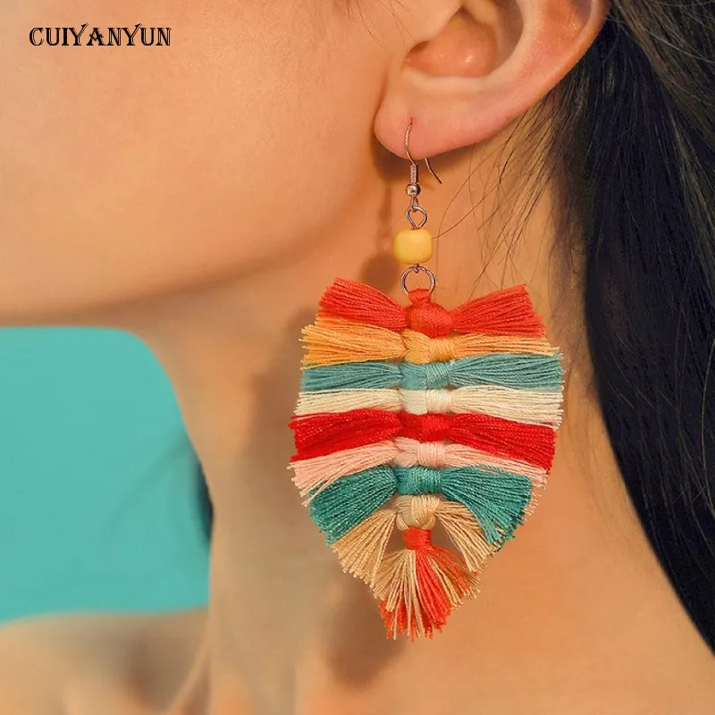 

Bohemia tassel dangle earring women leaf handmade big earrings new beaded 2019 fashion jewelry statement drop earrings wedding