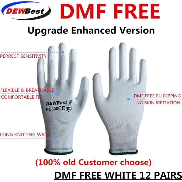 13 г черные рабочие перчатки pu с покрытием ладони pu рабочие перчатки DEWBest Лучшие поставщики маленькие заказы печатный логотип - Цвет: DMF White 12pairs