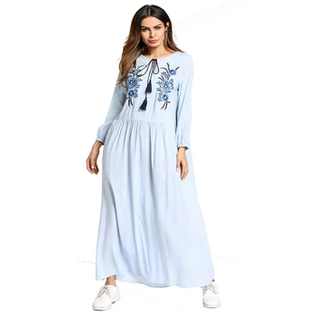 

Casual Embroidery Maxi Dress Elegant Flower Tassels Abaya Loose Style Ethnic Long Robes Kimono Middle East European Clothing