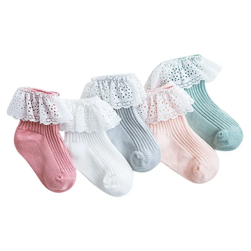 1 пара, Осенние хлопковые кружевные носки для маленьких девочек Теплые нескользящие носки-тапочки гетры