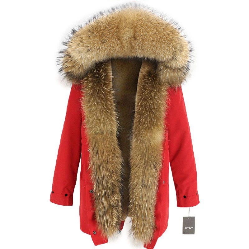 Женская парка с мехом енота OFTBUY, черное водонепроницаемое пальто на меху, с большим капюшоном с отделкой из натурального меха енота, верхняя одежда со съемным мехом, зима - Цвет: red natural