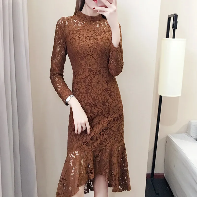 Kopen 2018 Korte Front Lange Back Lente Herfst Casual Trompet Jurk Hollow Out Elegante Zwarte Kanten Jurk Vrouwen Party Dress Vestido