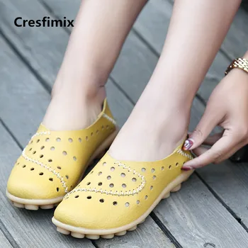 

Cresfimix sapatos femininas women mesh breathable genuine leather flat shoes lady comfy rubber bottom round toe shoes a2119