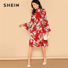 SHEIN Платье С Цветочным Принтом И Оригинальным Рукавом Женские Элегантные Платья С Цветочным Принтом С Высокой Талией Для Отдыха