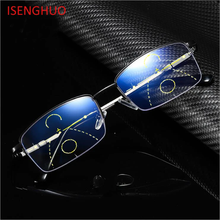 

ISENGHUO Anti Blue Light Multifocal Half Frame Reading Glasses Men Progressive Glasses Women Near Far Sight Diopter Eyewear