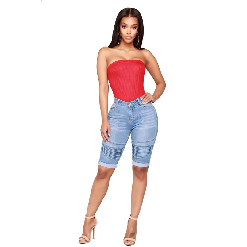 New Women Summer Mid Rise Elastic Zip Skinny Denim Knee Length Curvy Stretch Solid Jeans Fashion Vintage Shorts Jeans #4R09 (8)