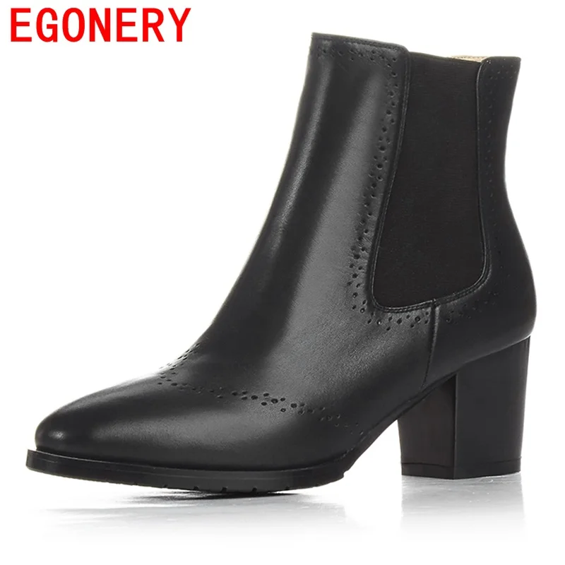 

EGONERY shoes 2017 European and American style women ankle boots elastic band black round toe hoof heels short plush boots