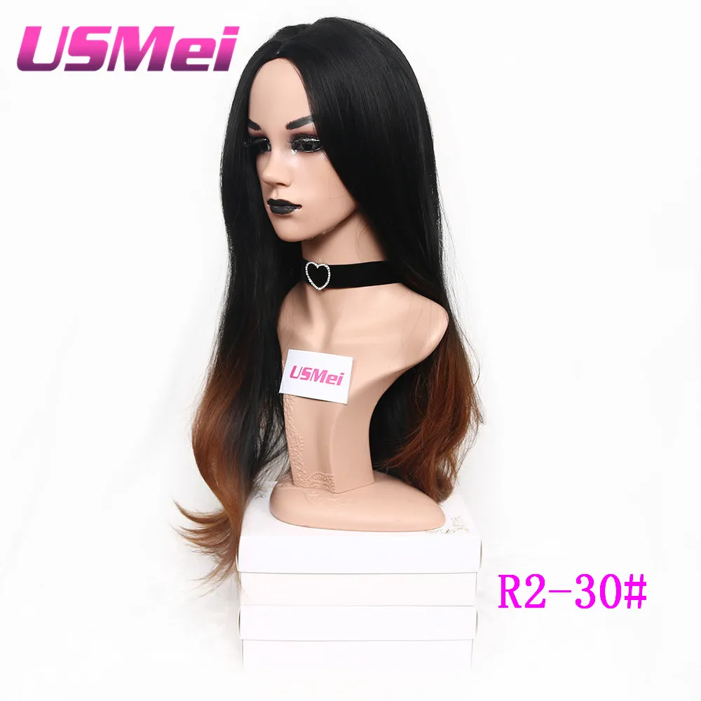 Usmei Ombre Wig Dark Roots Natural Brown Auburn Wavy Hair 30