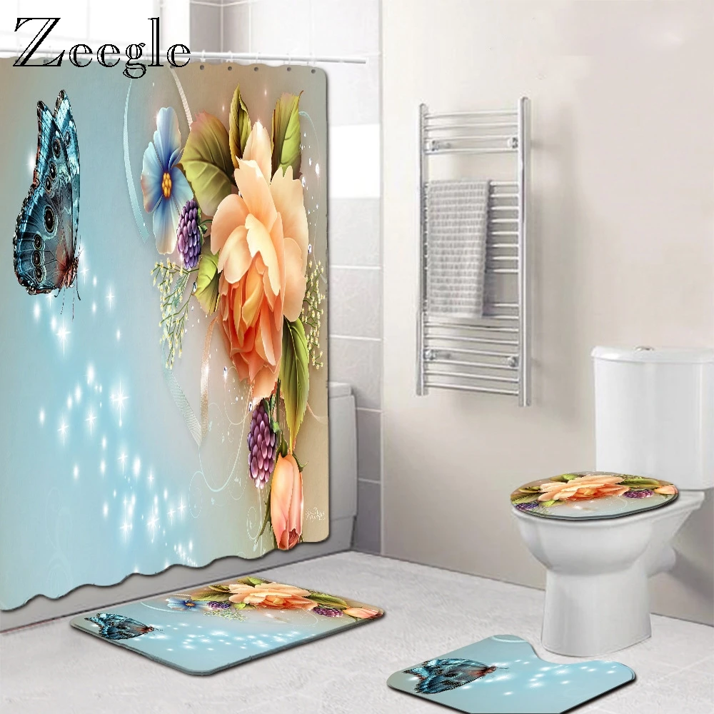 Zeegle 3D цветочный узор 4 шт. Ванная комната коврик для ванной комнаты Душ Шторы