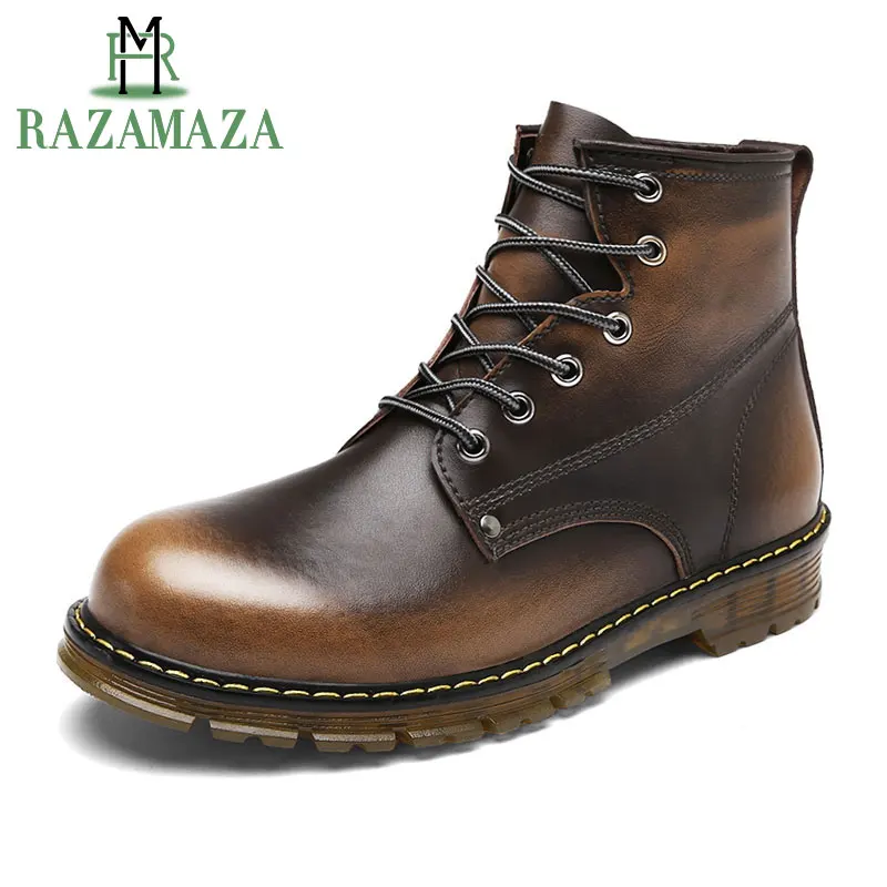 

RAZAMAZA Winter Men Real Leather Ankle Boots Outdoor Waterproof Lace Up Boots Casual Non-slip Shoes Male Footwear Size 38-44