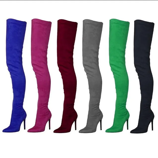 

Hot Selling Women Black Green Suede Over The Knee Boots Sexy Pointed Toe 10CM Tight High Slim Fit Sock Long Boots Plus Size
