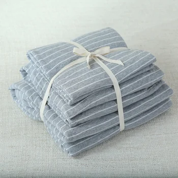 

4pcs 100% Cotton Elegant Gray color bed cover set stripe bedsheets jersey Knitted fabric simple for men boyfriend soft
