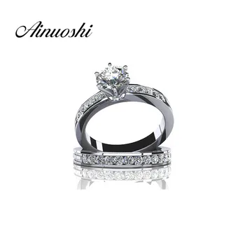 

AINOUSHI Solid 925 Silver Rings for Women Round Cut SONA Jewelry Ring Sets Wedding Engagement Bridal Rings Bijoux Ring