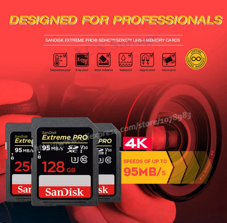 Двойной флеш-накопитель SanDisk Extreme PRO SD карты 256 ГБ 128 Гб 64 ГБ 32 ГБ оперативной памяти, 16 Гб встроенной памяти Class 10 SDXC карты памяти SDHC карты памяти 95 МБ/с. для цифровых фотоаппаратов с защитой от краж