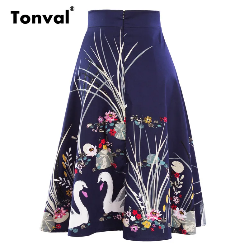Tonval, винтажная юбка миди с принтом лебедя, Женская Цветочная юбка с высокой талией, Женская Лоскутная летняя юбка в стиле ретро