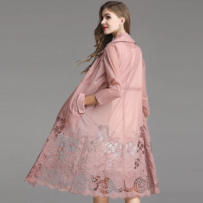

Sun-proof clothing summer embroidery Over the knee coat fashion Thin and light elegant Windbreaker coat female Plus size M-6XL