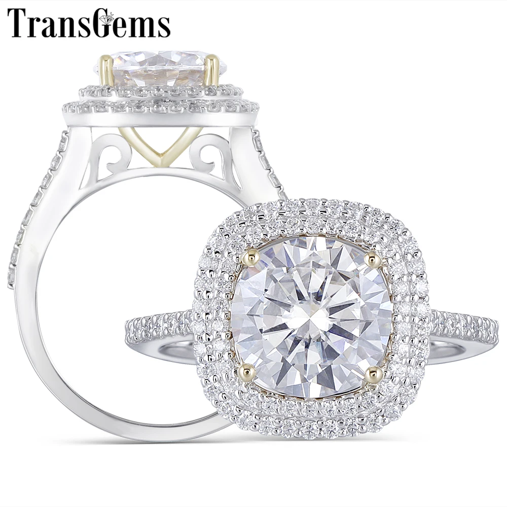 

Transgems Center 3ct Double Halo Engagement Ring 14K Yellow and White Gold 3ct 9mm F Color Moissanite Ring for Women