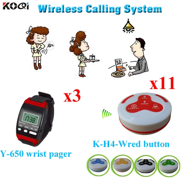 Wireless Waiter Call System Disaster Communication Equipment 1 Set Including 3pcs Watch Pager Y-650 And 11pcs K-H4 Call Button