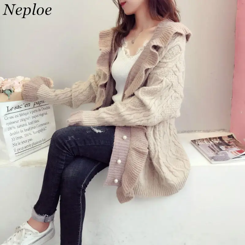 

Neploe Autumn Winter Oversized Sweater Cardigans Ruffles Women Warm Knitted Coat Pearl Button Twist Loose Female Jacket 37234