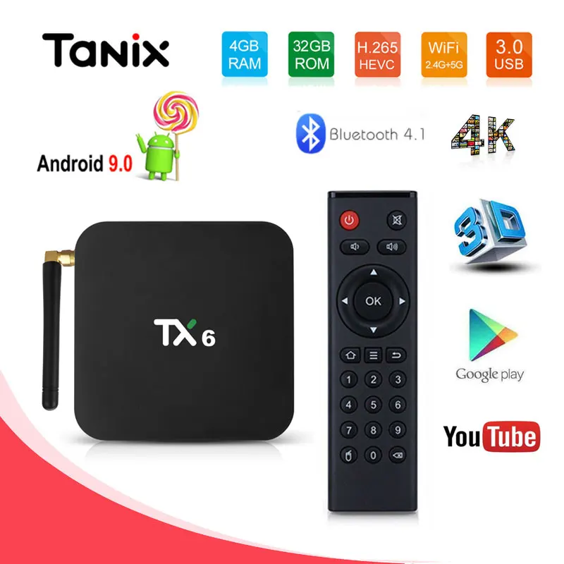 

Tanix Android 9.0 TX6 Smart 32GB 64GB Set Top Box 2.4/5G WIFI BT 4.1 Support HDMI 2.0 H.264 4K 1080P Youtube Media Player TV Box