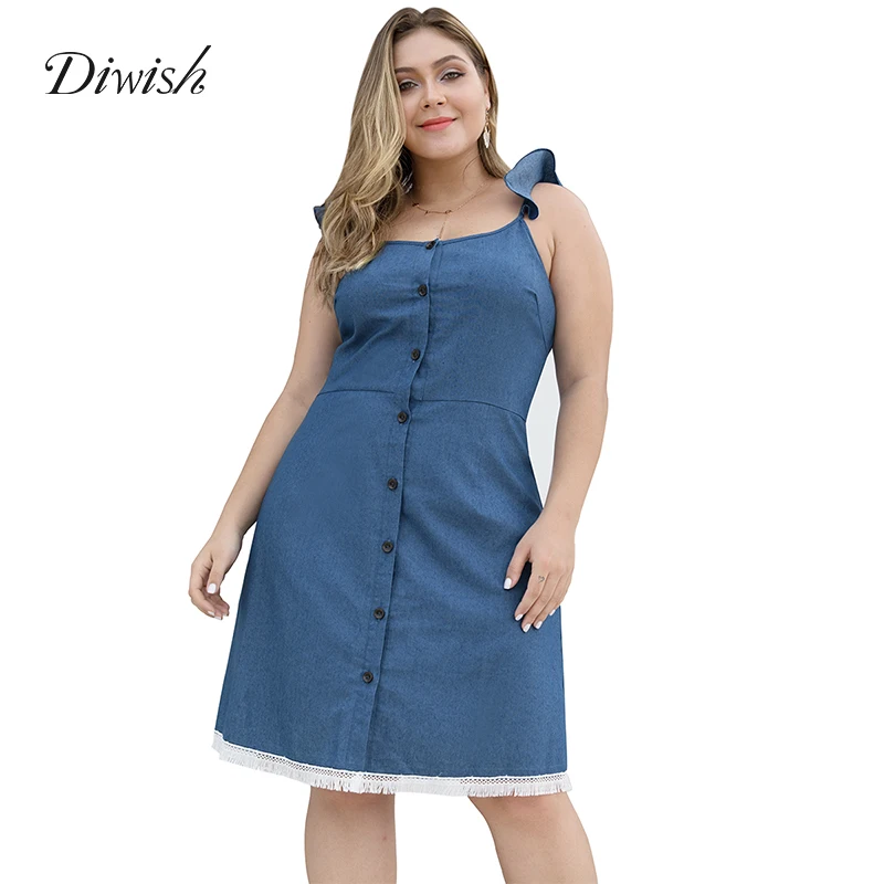 

Diwish Blue Denim Dress Spaghetti Strap V Neck Dress Empire Knee-Length Backless Dress Summer Plus Size Ladies Dresses XL-4XL