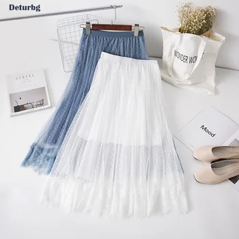 

Womens Fashion Dot Print Midi Tiered Skirt Casual High Waist Pleated Lace Patchwork Organza Skirts Jupe Faldas 2019 Spring SK301