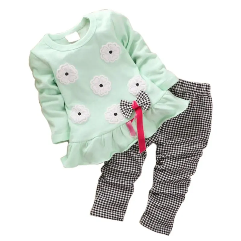 

2pcs Children Sets Spring Fall Girls Suits Baby Kids Casual Long Sleeve Floral T-shirt and Plaid Long Pants