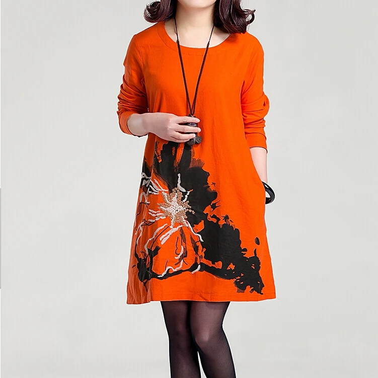 2017 Плюс Большой Размеры женское платье с длинным рукавом Цветочный принт Вышивка