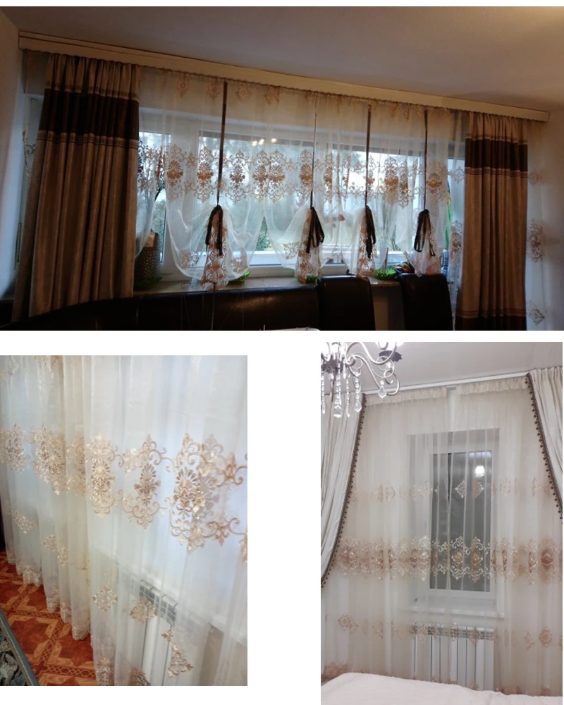 Luxury European Water Soluble Embroidery Sheer Curtain for Living room Tulle Bottom Gold Lacework Window Screen Custom WP160H